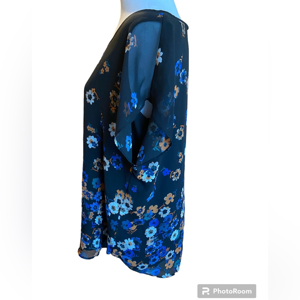 Calvin Klein Navy Floral Blouse Top Lined sheer sleeves Size M - Picture 4 of 7